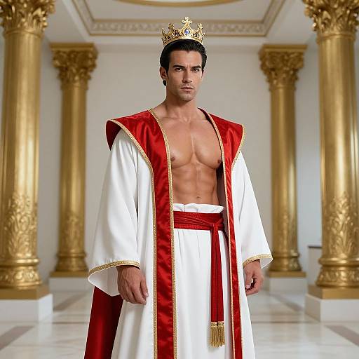 Photograph of a muscular, dark-haired man with a crown, wearing a white robe with red trim and gold accents, standing in an opulent,