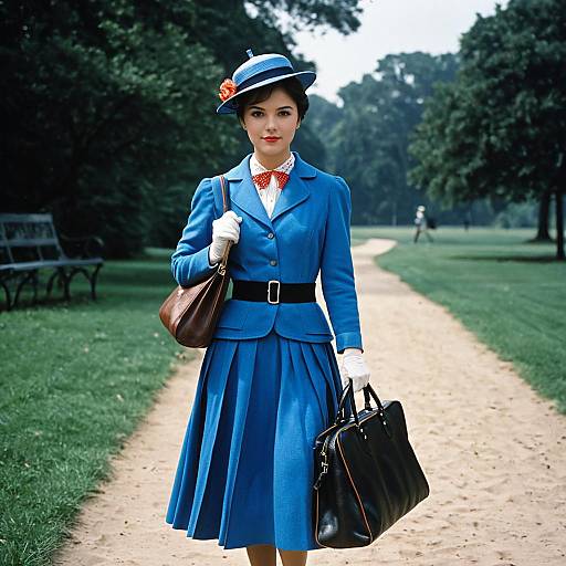 Woman in Vintage Blue Outfit Walking Outdoors