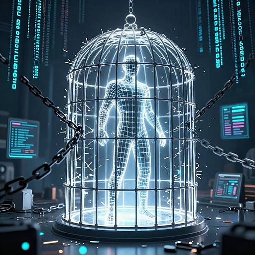 Digital CGI of a glowing, wireframe human figure inside a metallic cage with chains, illuminated by bright white light, in a dark, futuristic cyber lab
