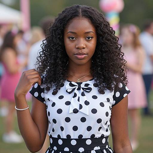 Photograph of a young Black woman with curly hair, wearing a white polka dot dress with black bow, standing outdoors with blurred background of people and