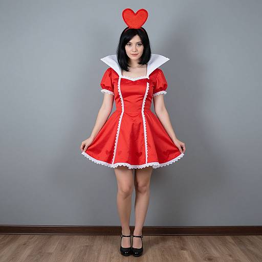Photograph of a young woman with pale skin and black hair, wearing a red Alice in Wonderland-inspired dress with white trim, heart headpiece, and