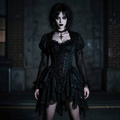 CGI gothic woman with black, spiky hair, dark lipstick, black lace dress, fishnet stockings, and cross necklace, standing in dim
