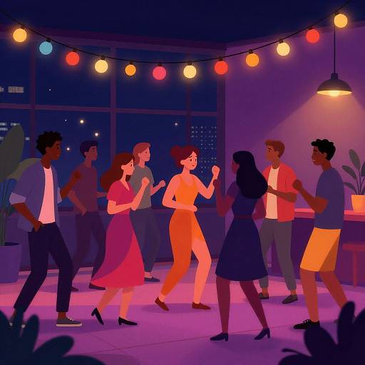 Digital illustration of a diverse group dancing in a brightly lit, modern room with colorful string lights and city skyline view.