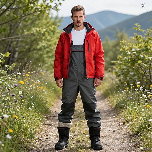 Photograph of a serious, handsome man with short brown hair, wearing a red jacket, white shirt, black overalls, and boots, standing on