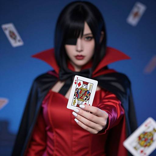 Digital art of a black-haired woman with an eye patch, red and black cloak, holding a magic card, floating cards in a blue background.
