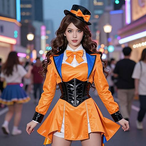 Photograph of an Asian woman in a vibrant orange and black cosplay outfit with a black top hat, standing in a neon-lit, bustling city street