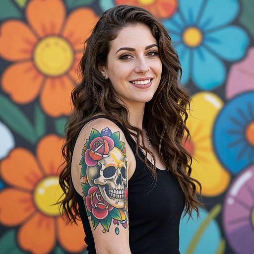 Photograph of a smiling woman with long wavy brown hair, wearing a black tank top, showcasing a colorful skull and rose tattoo on her right arm