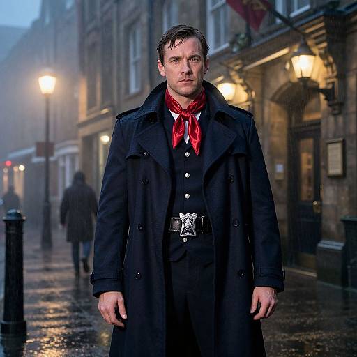 Photograph of a serious, wet-haired man in a black coat and red scarf standing on a foggy, rain-soaked street at night. Background