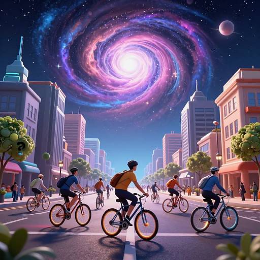 Surreal Cyberpunk Cityscape with Invisible-Wheel Cyclists