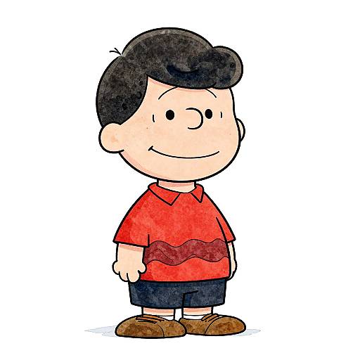 Cartoon drawing of a smiling boy with black hair, wearing a red shirt with brown stripes, black shorts, and brown shoes.