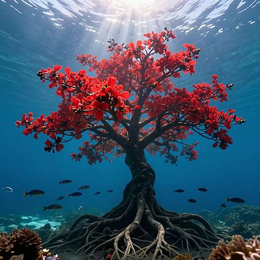 Photograph of an underwater tree with vibrant red leaves, surrounded by dark fish, rooted in a coral reef, bathed in sunlight filtering through the water