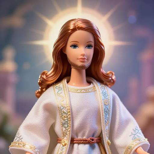 Photograph of a doll with long brown hair, blue eyes, and a white, gold-embroidered robe, illuminated by a glowing halo against