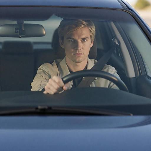 Young Man Driving a Blue Car