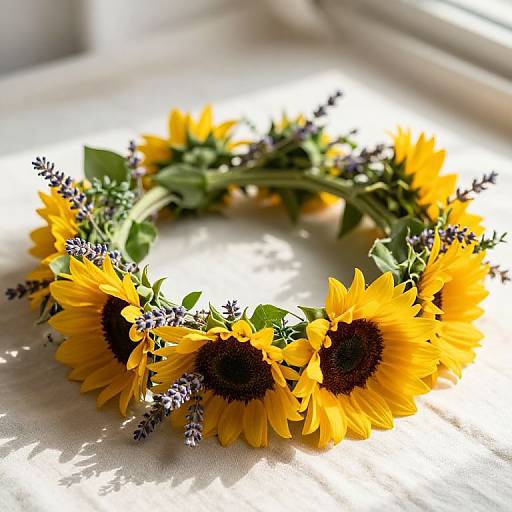 Photograph of a sunflower and lavender wreath, bright yellow petals, dark brown centers, purple lavender, green leaves, sunlight, white background.