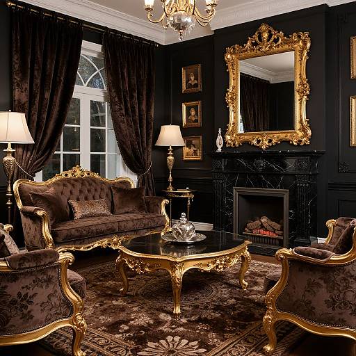 Luxurious Victorian-style living room with black walls, gold-framed mirror, ornate furniture, brown floral upholstery, gold coffee table, and chandelier
