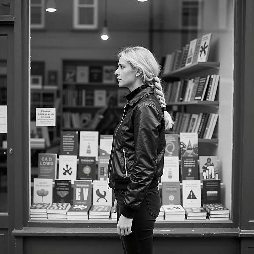 Blonde Woman in Black Jacket Outside Bookshop