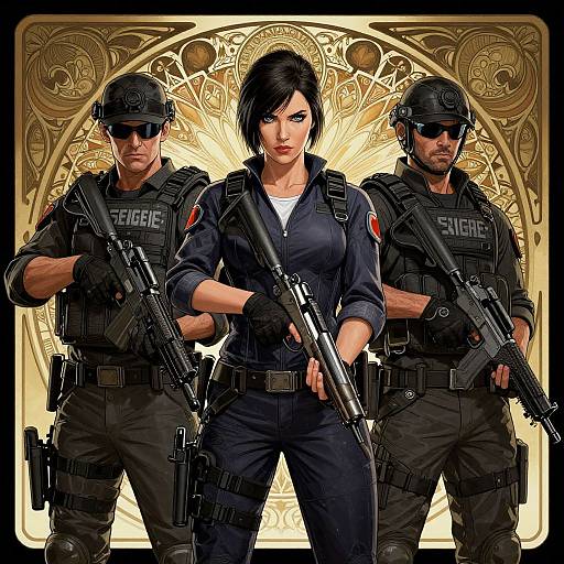 Digital artwork of three armed SWAT officers: central woman with short black hair, flanked by two men, all wearing tactical gear. Ornate gold background