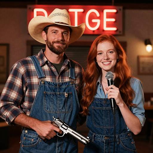 Dramatic Duo in Front of Red Sign
