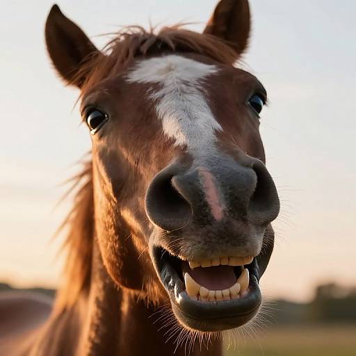 Close-up photograph of a smiling brown horse with a white stripe on its forehead, sunlight illuminating its face, blurred field background.