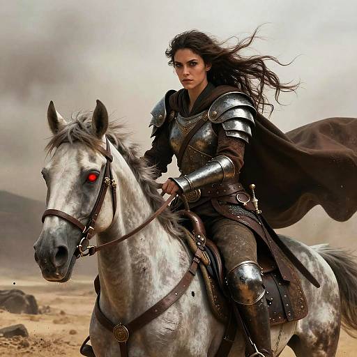 Digital artwork of a fierce, dark-haired warrior in silver armor riding a white horse with glowing red eyes, set against a dusty, cloudy landscape.