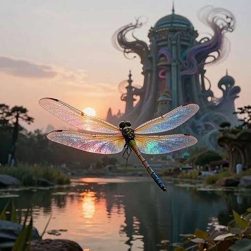 Photograph of a rainbow-iridescent dragonfly in front of a surreal, fantasy castle with swirling tentacles at sunset, reflected in a tranquil