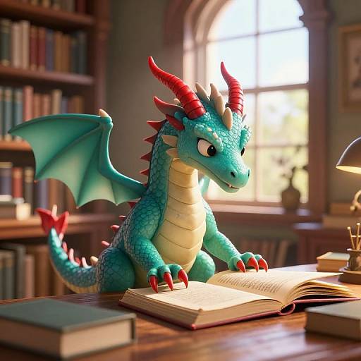 CGI image of a turquoise dragon with red horns and wings, reading an open book in a sunlit library.