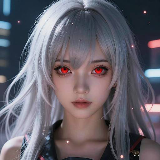 CGI portrait of a young woman with silver hair, glowing red eyes, and pale skin, wearing a black top, in a neon-lit city