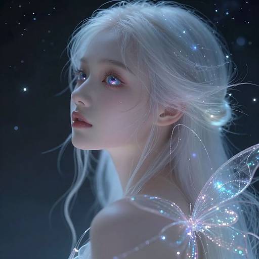 Digital artwork of a ethereal, pale-skinned, blue-eyed fairy with long, flowing white hair and glowing, translucent wings in a starry night