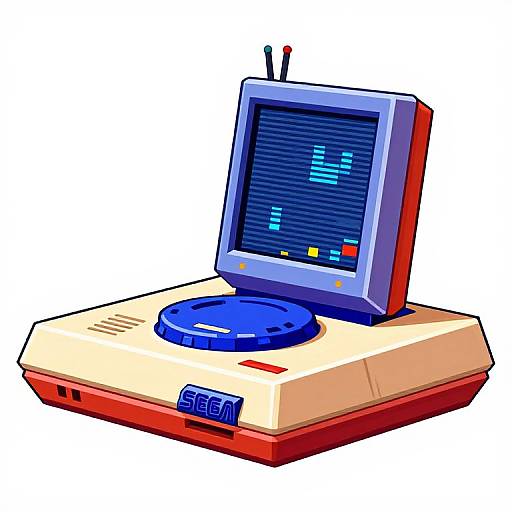 Digital illustration of a retro, 1980s-style TV game console with a blue control pad, antenna, and display showing pixelated game. Bold
