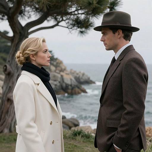 Elegant Couple Facing Each Other by Rocky Coastline