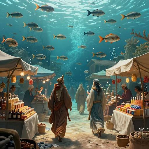 Digital artwork of an underwater market with fish swimming above, vendors in traditional robes selling colorful oils and spices under white tents.
