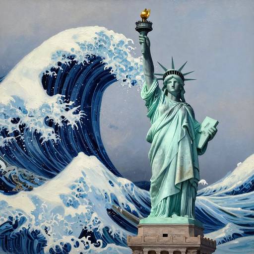 Photograph of the Statue of Liberty with a powerful, blue and white Hokusai-style wave in the background, holding a torch aloft.