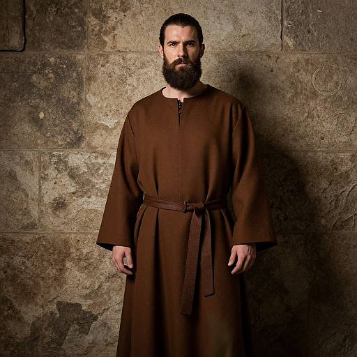 Photograph of a bearded man with dark hair, wearing a brown, long-sleeved robe, standing against a textured, rustic stone wall.