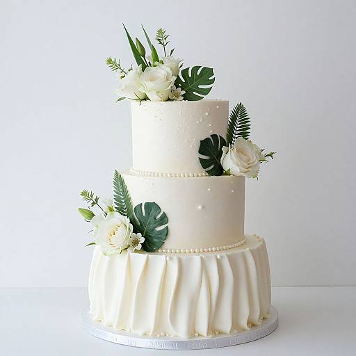 Photograph of a three-tiered white wedding cake adorned with white roses, monstera leaves, and ferns, featuring a ruffled bottom tier