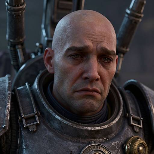 Close-up photograph of a bald, serious-looking man in a futuristic, metallic suit with mechanical attachments, set against a dark blue background.