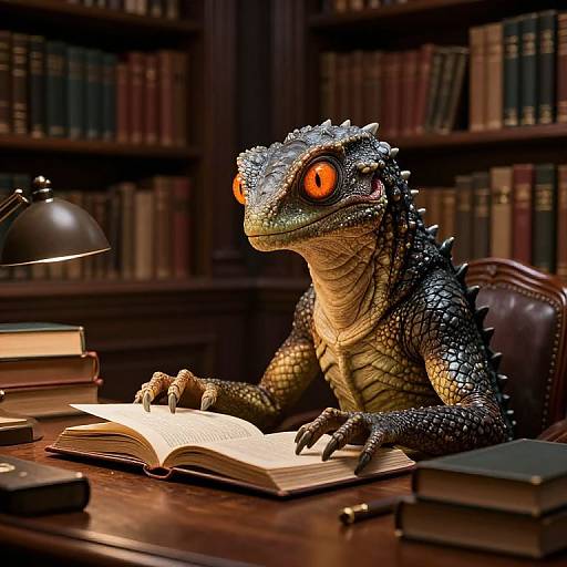 Reptilian Creature Reading in Vintage Library