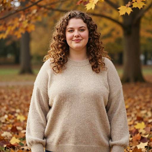 Photograph of a smiling, curly-haired woman with fair skin and a plus-size physique, wearing a beige knit sweater, standing in an autumn park with