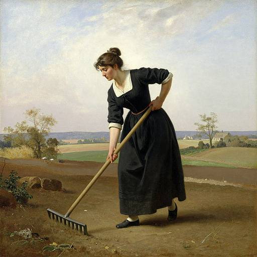 Victorian-era painting of a woman in a black dress and apron raking dirt in a rural countryside field under a cloudy sky.