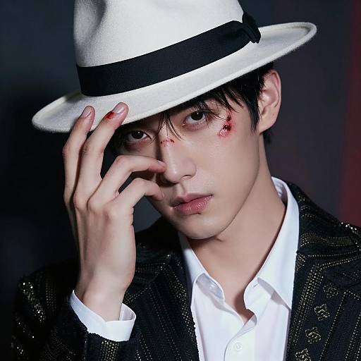 Portrait of Asian man in fedora with facial wounds