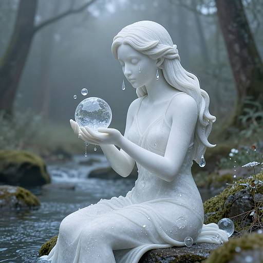Photorealistic digital artwork of a white marble statue of a serene, long-haired woman holding a floating water sphere, set in a misty forest stream