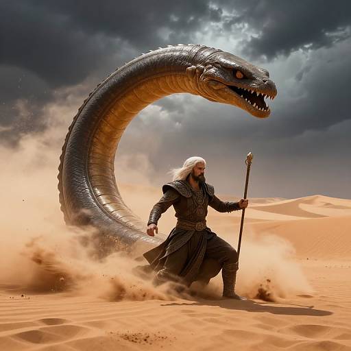Digital artwork: White-haired warrior with dark armor kneels in desert, holding staff, with large, menacing serpent coiling behind him under stormy sky