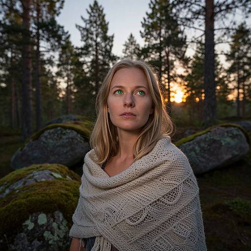 Photograph of a blonde woman with green eyes, wearing a knitted white shawl, standing in a forest at sunset, surrounded by moss-covered rocks