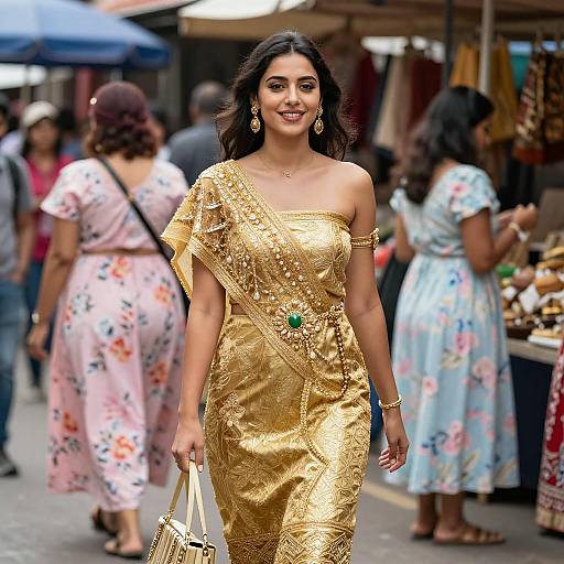 Vibrant Market Scene with Fashionable Flair