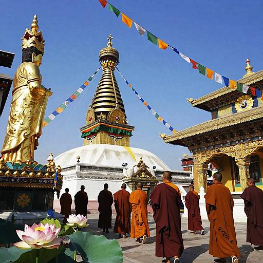 Vibrant Buddhist Temple Courtyard Scene