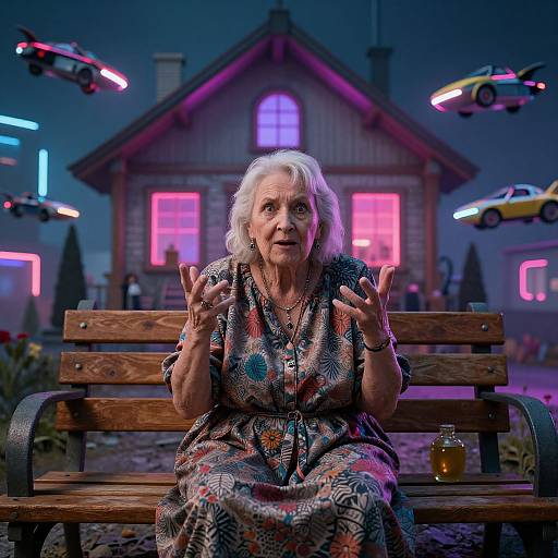 Photograph of an elderly white woman with white hair, wearing a colorful patterned dress, sitting on a wooden bench, hands raised in surprise, neon