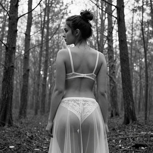 Black-and-white photograph of a woman with dark hair in a bun, wearing lace bra and sheer skirt, standing in a forest, facing away, highlighting