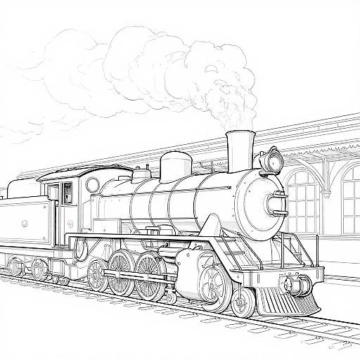 Black-and-white line drawing of a vintage steam locomotive with smoke billowing, detailed wheels, and a station platform in the background.