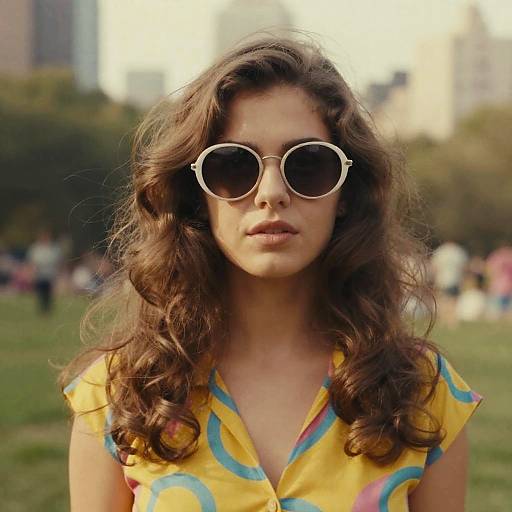 Photograph of a young woman with long, wavy brown hair, wearing round white sunglasses and a yellow dress with blue and pink swirls, standing