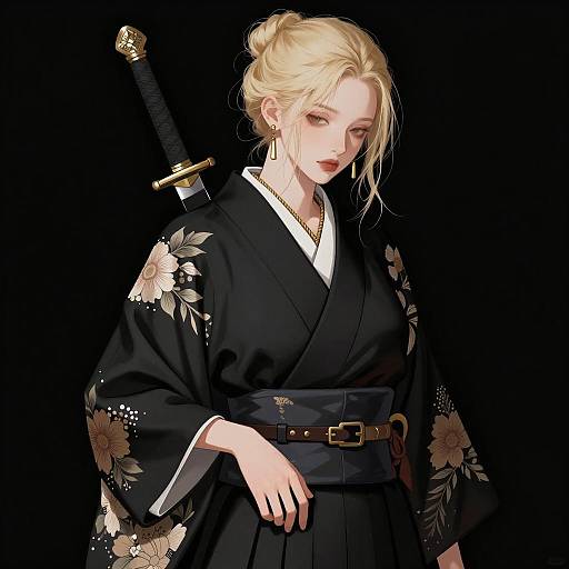 Serene Warrior in Floral Kimono Illustration