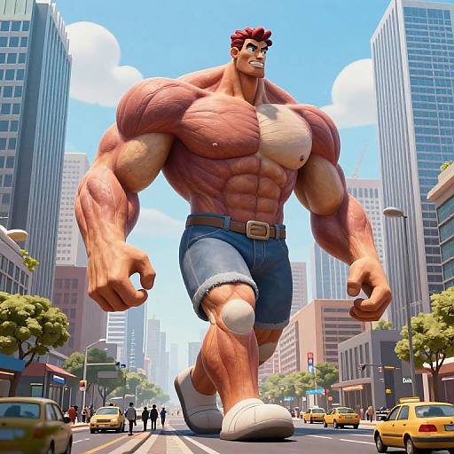 CGI image of a hyper-muscular, red-haired man in denim shorts and white sneakers, striding through a sunny city street.